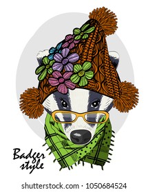 Vector badger with glasses, knitted hat and green scarf. Hand drawn illustration of dressed badger.