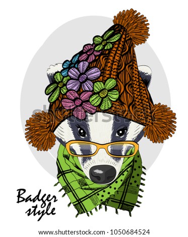 Vector badger with glasses, knitted hat and green scarf. Hand drawn illustration of dressed badger.