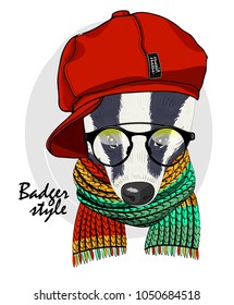 Vector badger with glasses, red cap and knitted scarf. Hand drawn illustration of dressed badger.
