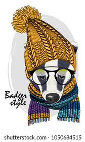Vector badger with glasses, yellow knitted hat and scarf. Hand drawn illustration of dressed badger.