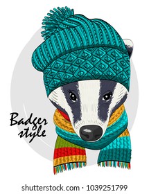 Vector badger with green knitted hat and scarf. Hand drawn illustration of dressed badger.