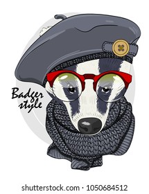 Vector badger with red glasses, grey beret and knitted scarf. Hand drawn illustration of dressed badger.