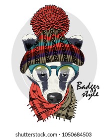 Vector badger with red glasses, knitted hat and scarf. Hand drawn illustration of dressed badger.