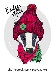 Vector badger with red knitted hat and scarf. Hand drawn illustration of dressed badger.
