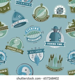 Vector badges catching fish fishing club or shop fisherman logo vector illustration seamless pattern background