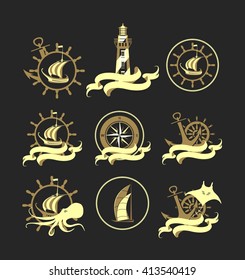 Vector badges emblems sea theme on a black background