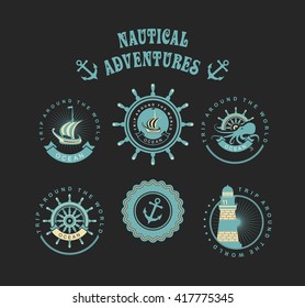 Vector badges emblems sea theme on a black background