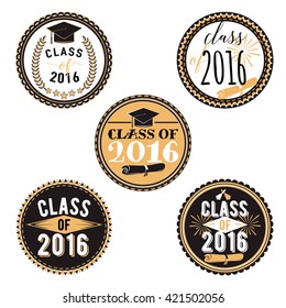 Vector badges for graduation event, party, high school or college graduate. Collection decoration labels printable. Class of 2016.  Set graduations stickers.