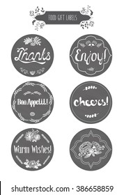 Vector badges with hand-drawn lettering. Warm wishes, Enjoy, Thanks, Bon Appetit, Cheers. Calligraphic and typographic elements on chalk blackboard