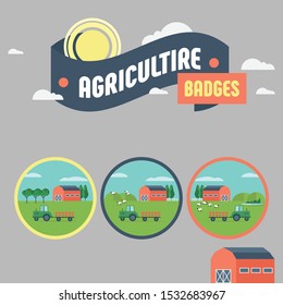 Vector badges illustration in simple minimal geometric flat style - village landscape with buildings, hills, tractor windmill,trees -images in flat style for websites, banners, covers.
