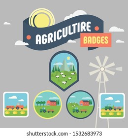 Vector badges illustration in simple minimal geometric flat style - village landscape with buildings, hills, tractor windmill,trees -images in flat style for websites, banners, covers.