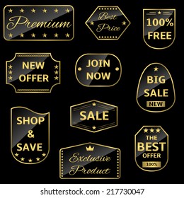 vector badges and labels in golden frames on the black