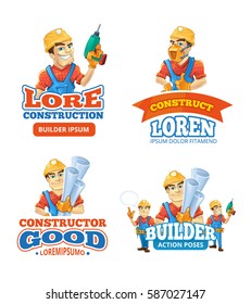 vector badges and logo set of builders or handymans in action poses with equipment and accessories isolate on white background