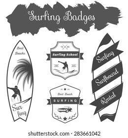 Vector badges and logos surfing, boards and equipment shops, beaches.