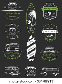 Vector badges and logos surfing, boards and equipment shops, beaches.