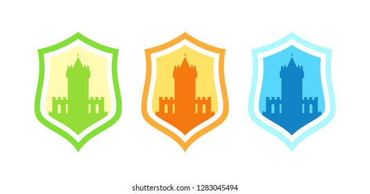 Vector Badges with medieval stronghold castles different colors isolated on white. Logo design with coat of arms and fortress for business.