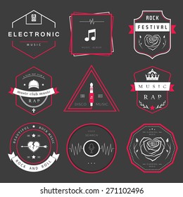 Vector badges rock music, rap, classical and electronic music. Vector logos festivals and concerts, elements of web design and voice search, prints for T-shirts.