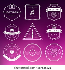 Vector badges rock music, rap, classical and electronic music. Vector logos festivals and concerts, elements of web design and voice search, prints for T-shirts.