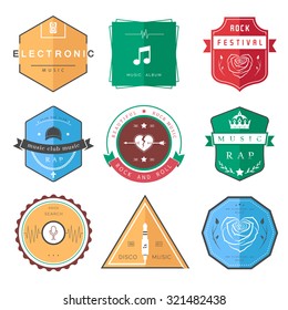 Vector badges rock music, rap, classical and electronic music. Vector logos festivals and concerts, elements of web design and voice search, prints for T-shirts.