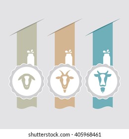 Vector Badges With Sheep Goat And Cow Milk Production Symbols On Colored Ribbons