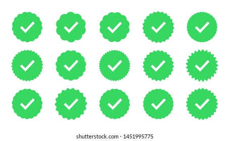 Vector badges of warranty, approval, accept and quality. Flat vector check mark. Profile Verification sign. Flat star shape stickers.