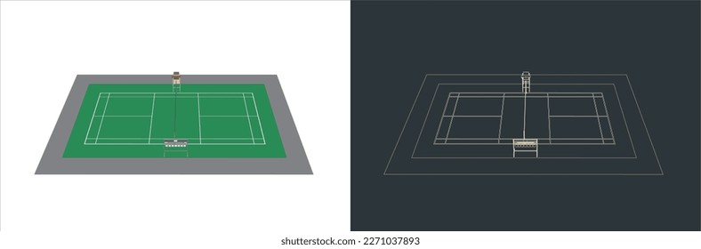 Vector Badminton Court Technical Illustration Line Art auf dem Plan