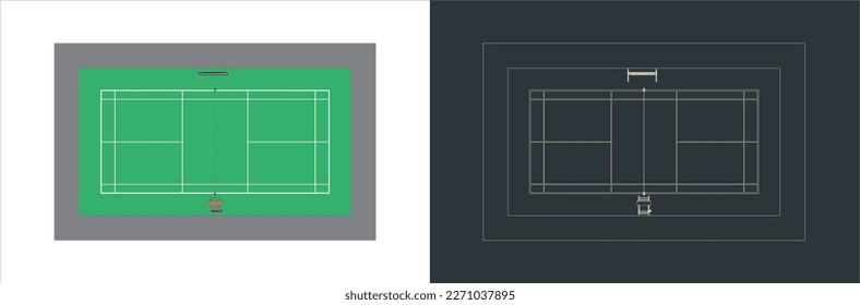 Vector Badminton Court Technical Illustration Line Art auf dem Plan