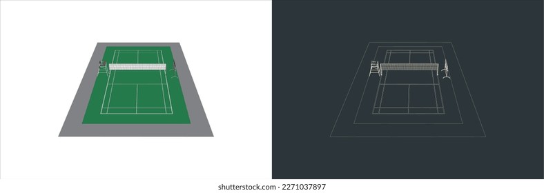 Vector Badminton Court Technical Illustration Line Art auf dem Plan