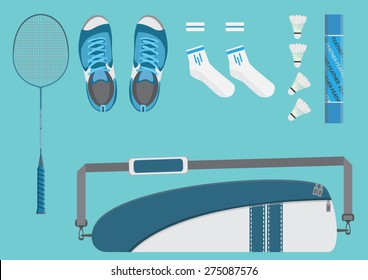 Vector badminton equipment bag shuttlecock racket shoes socks
