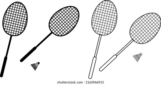 Vector de bádminton, raquetas y medias. Una raqueta negra de tenis con un autobús en un bosquejo sobre un fondo blanco. Ilustración vectorial de los equipos deportivos. Ilustración negra en un fondo blanco