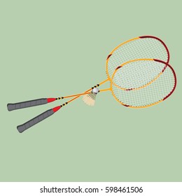 Vector badminton set. Classic wooden racquets rackets and a shuttlecock.