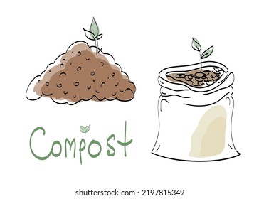  vector Bag of compost and  pile, Set illustrations in doodle style