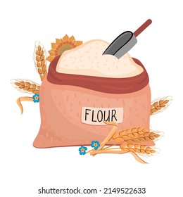 Vector bag of flour with a scoop and a sign decorated with ears of wheat and a sunflower.Flat cartoon isolated illustration for printing on fabric and paper.Natural food organic agriculture symbol.