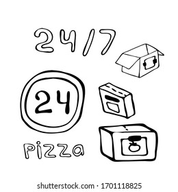 Vector.  Bag - food delivery box.  in conditions of quarantine and illness, they will bring poultry and sushi to the door, food from the restaurant around the clock.  Isolated image on a white backgro
