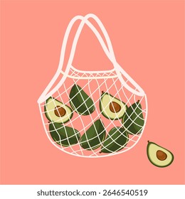 Vector bag with green avocado, pink background