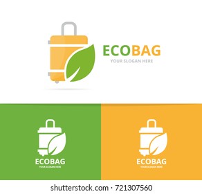 Vector of bag and leaf logo combination. Baggage and eco symbol or icon. Unique travel and organic logotype design template.