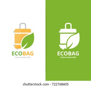 Vector of bag and leaf logo combination. Baggage and eco symbol or icon. Unique travel and organic logotype design template.