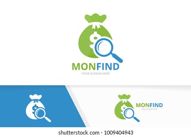 Vector bag and loupe logo combination. Sack and magnifying symbol or icon. Unique money and search logotype design template.