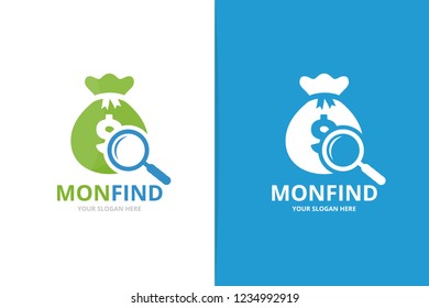 Vector bag and loupe logo combination. Sack and magnifying symbol or icon. Unique money and search logotype design template.