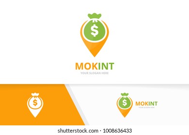Vector bag and map pointer logo combination. Sack and gps locator symbol or icon. Unique money and pin logotype design template.