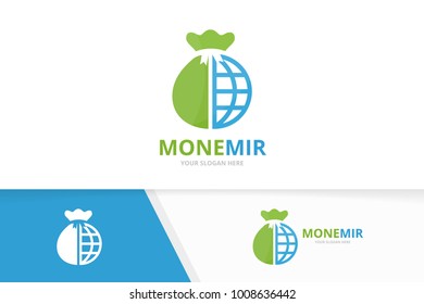 Vector bag and planet logo combination. Sack and world symbol or icon. Unique money and globe logotype design template.