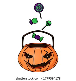 Vector bag for sweets in the form of a pumpkin. Falling candys. Color image for Halloween. Illustration for seasonal holiday decoration, greeting card, stickers, notebooks, banners