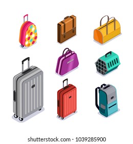 El equipaje vectorial aislado 3d iconos de estilo isométrico. Equipaje Multicolor, maleta, maleta, mochila, transporte de animales. 