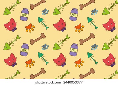 vector baground pattern, seemless cat and bones with cute and colorfully