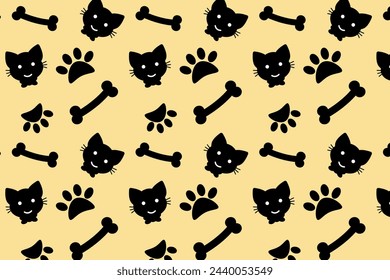 vector baground pattern, seemless cat and bones with black theme