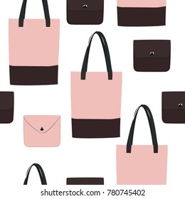 Vector bags ang purses background. Pink and brown leather bags.