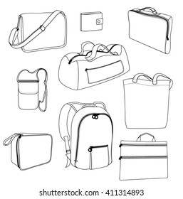 Vector bags. Black outline on white background. Sports bag, backpack, beach bag, portfolio