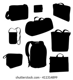 Vector Bags. Black Silhouette On White Background. Sports Bag, Backpack, Beach Bag, Portfolio