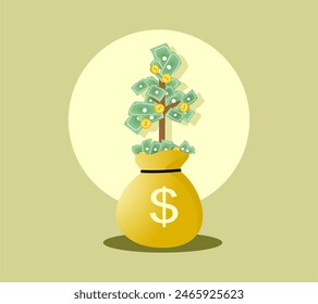 Vector of bags with stack of money and money tree