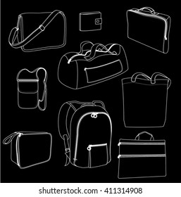 Vector bags. White outline on black background. Sports bag, backpack, beach bag, portfolio